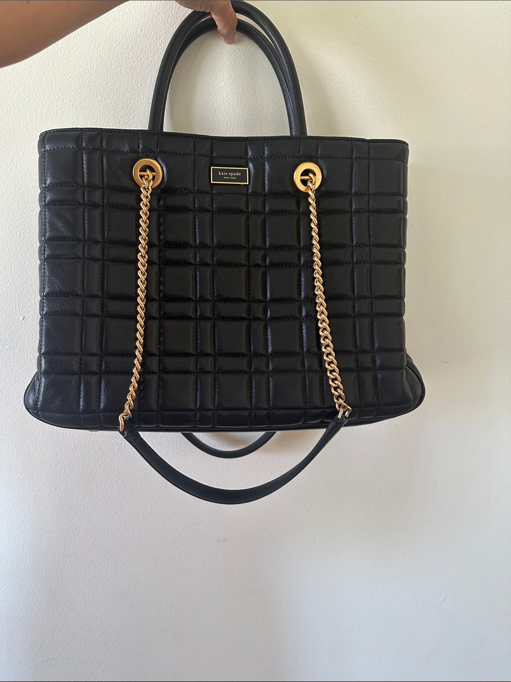 kate spade Evelyn Black Quilted Tote with Gold Chain Handles